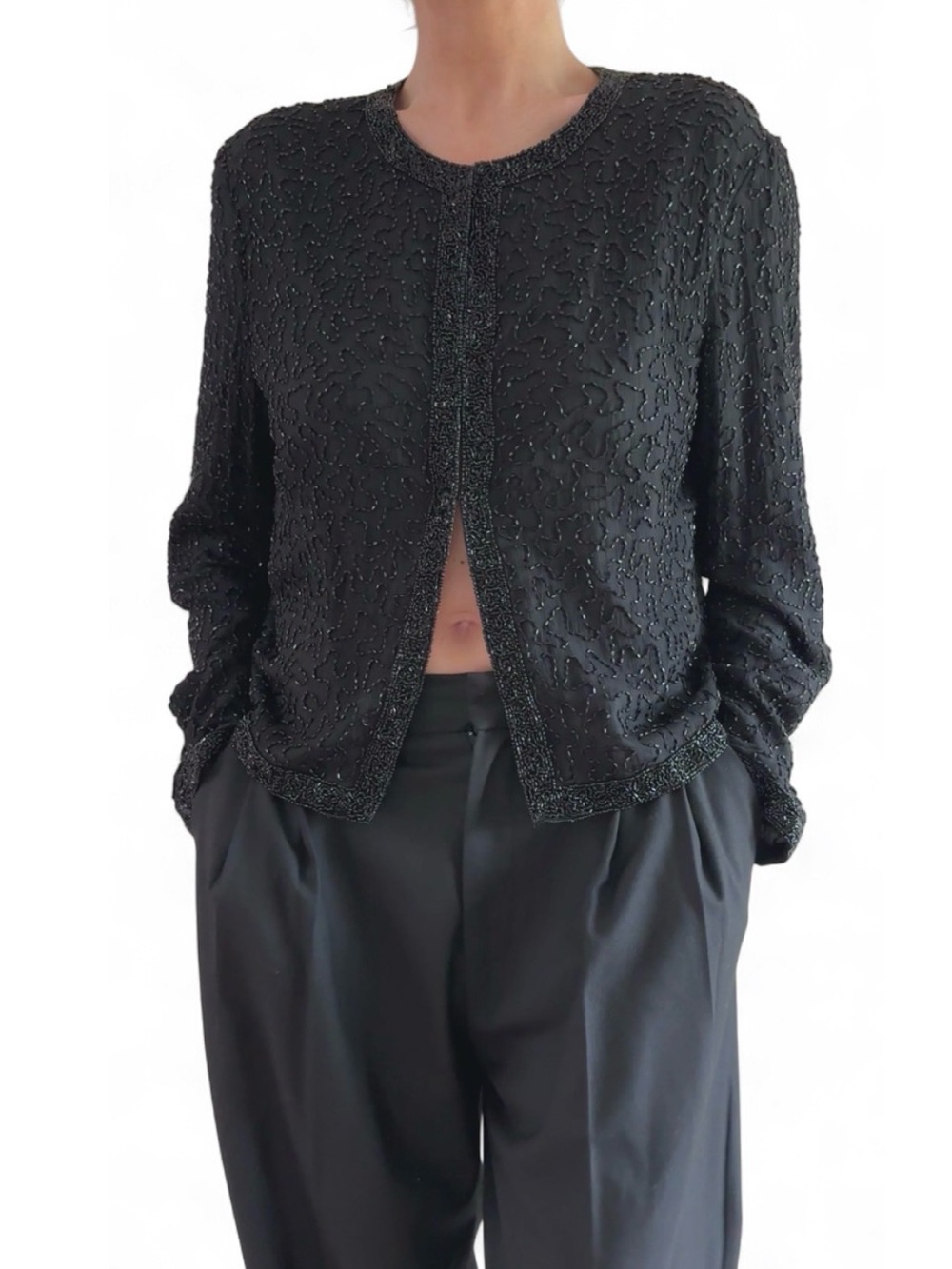 Vintage Laurence Kazar Black Beaded Silk Jacket Cardigan Blazer Evening Glam PS